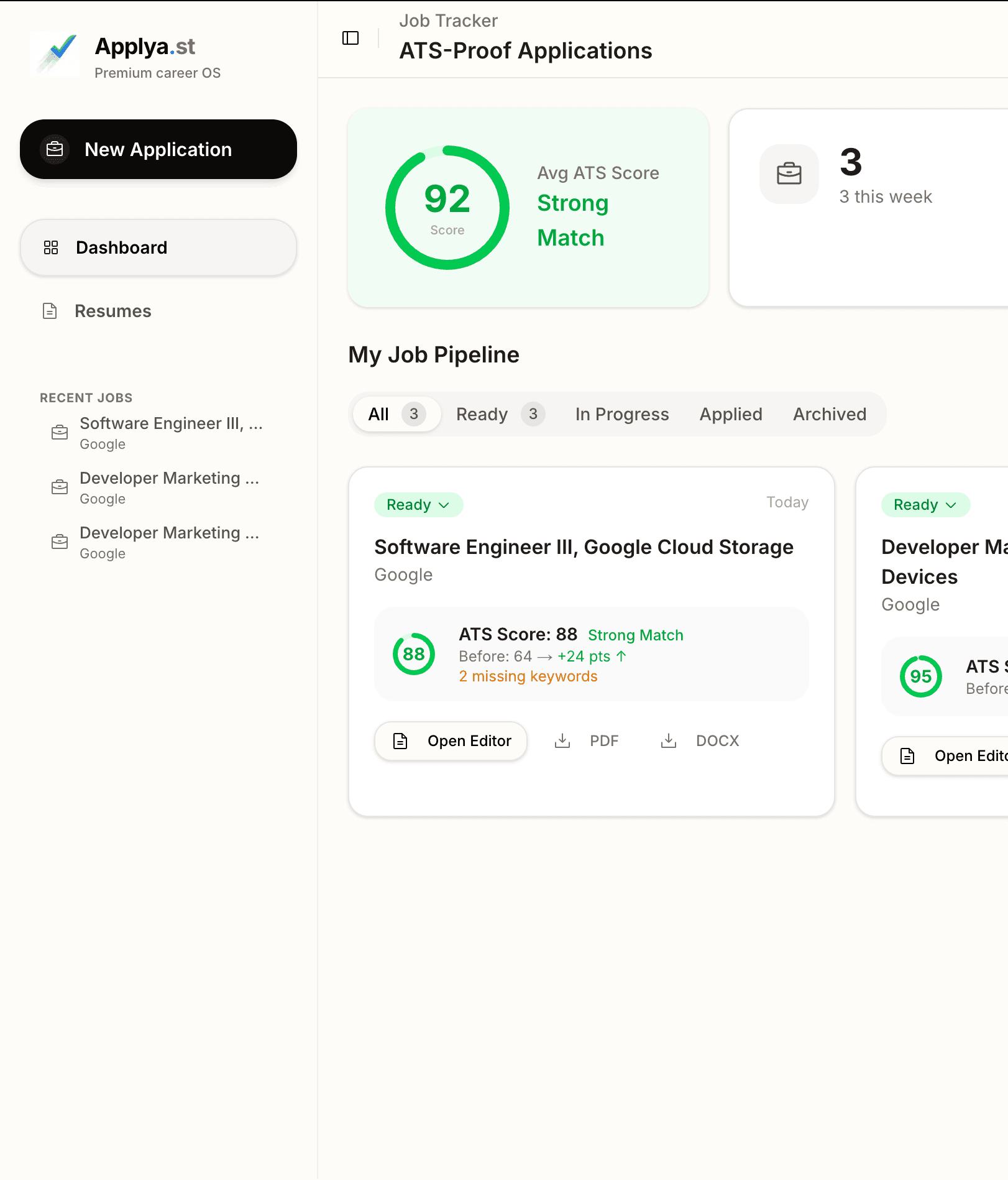 Applya Dashboard showing job analysis